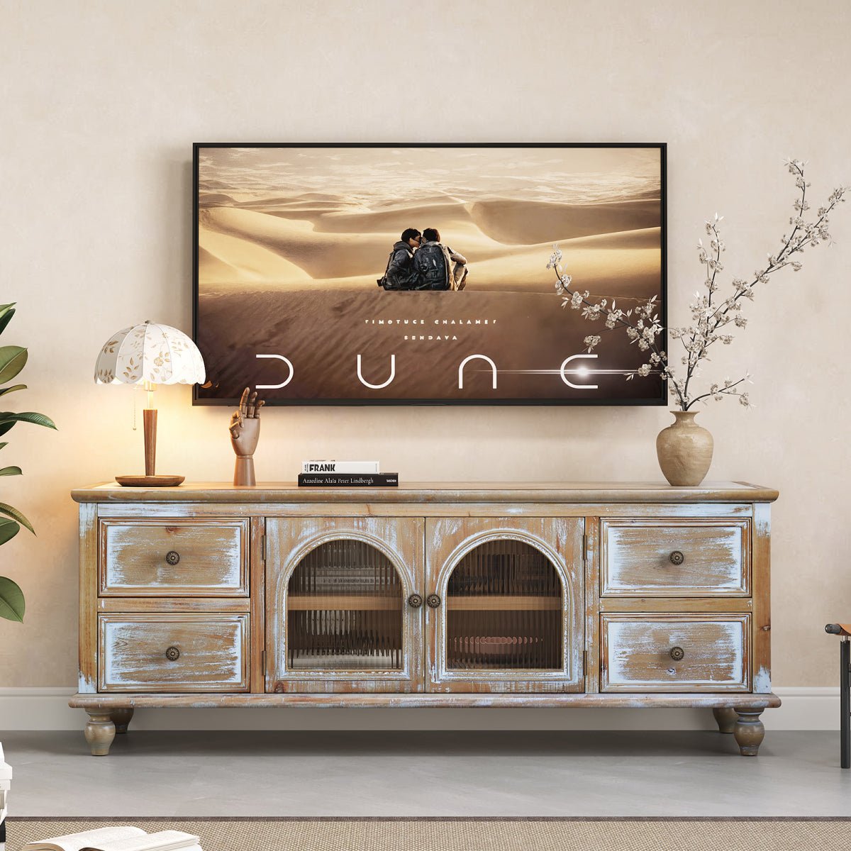 Homestyler 60" Farmhouse TV Stand (4 Drawers, 2 Glass Doors)