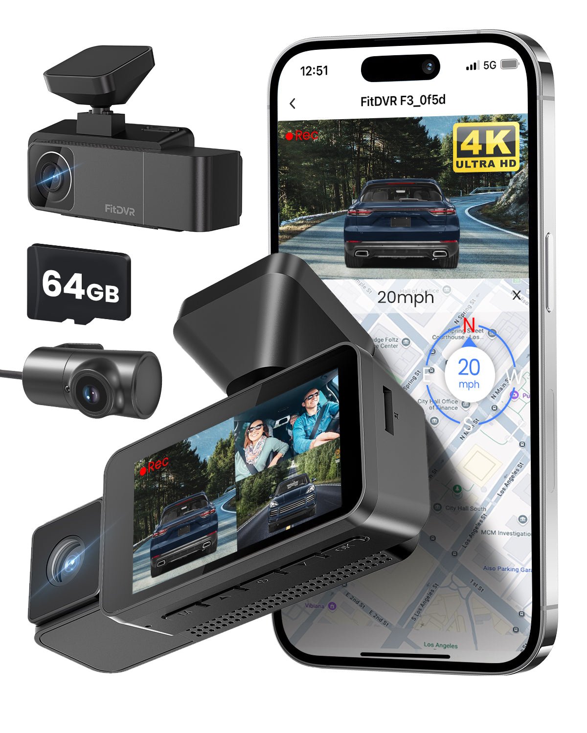 FitDVR 4K 3 Channel Dash Cam, 2160P+1080P+1080P Front and Rear Inside Car Camera with 64GB Card, WiFi Built-in GPS, 3“ I