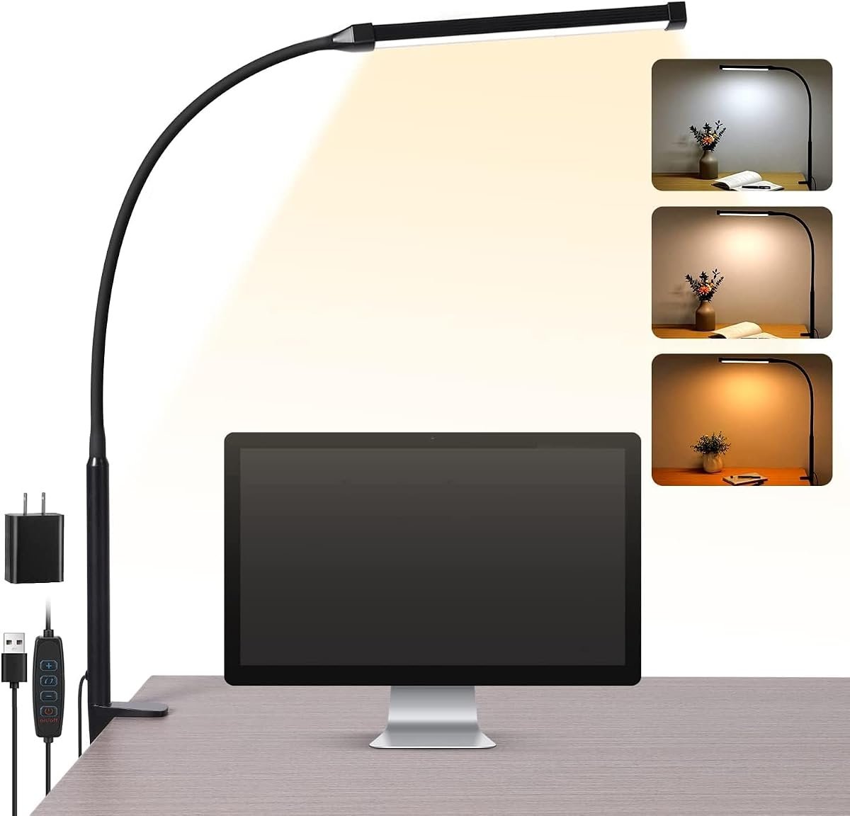 Voncerus LED Clamp Desk Lamp (Gooseneck, 3 Modes)