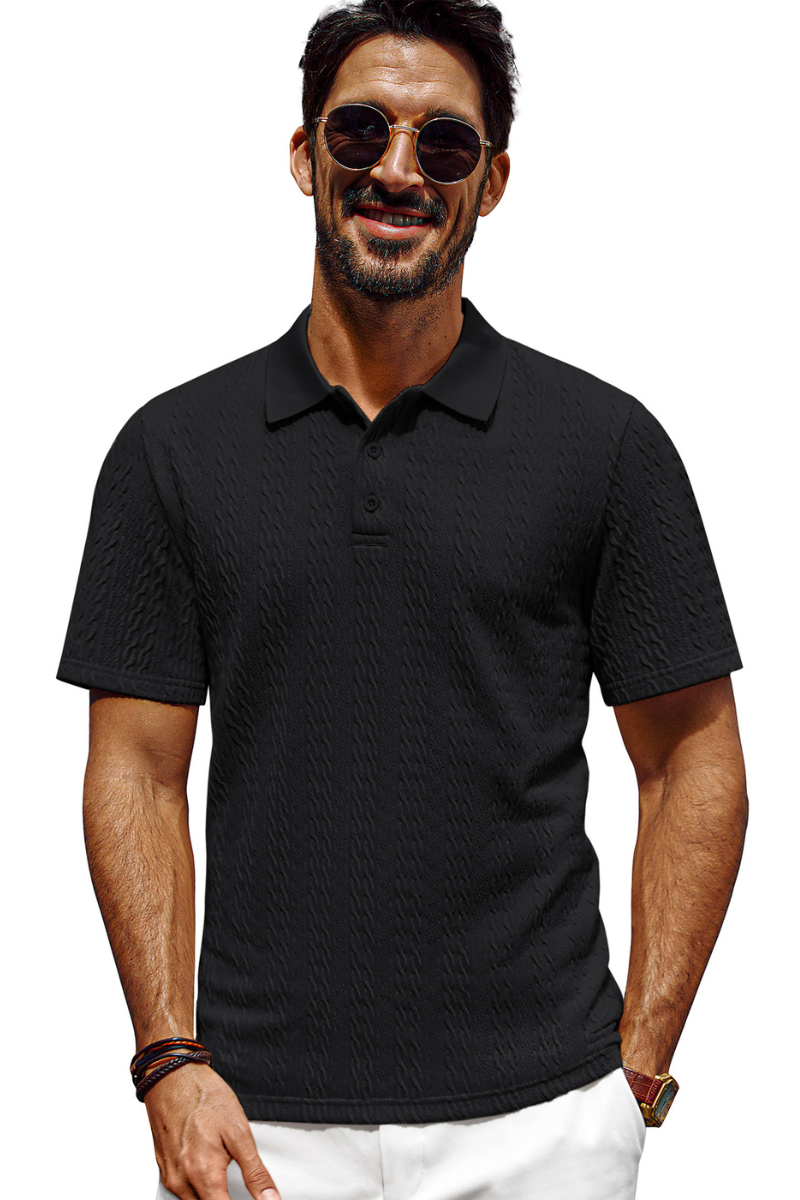 Men Textured Polo-Shirt Short Sleeve Lapel Collar Button-up Neck Tops