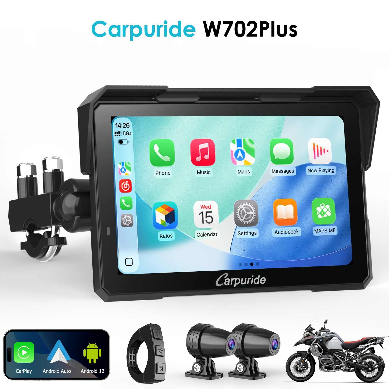 Carpuride W702 Plus Motorcycle Stereo (Dual 1080p Cameras)