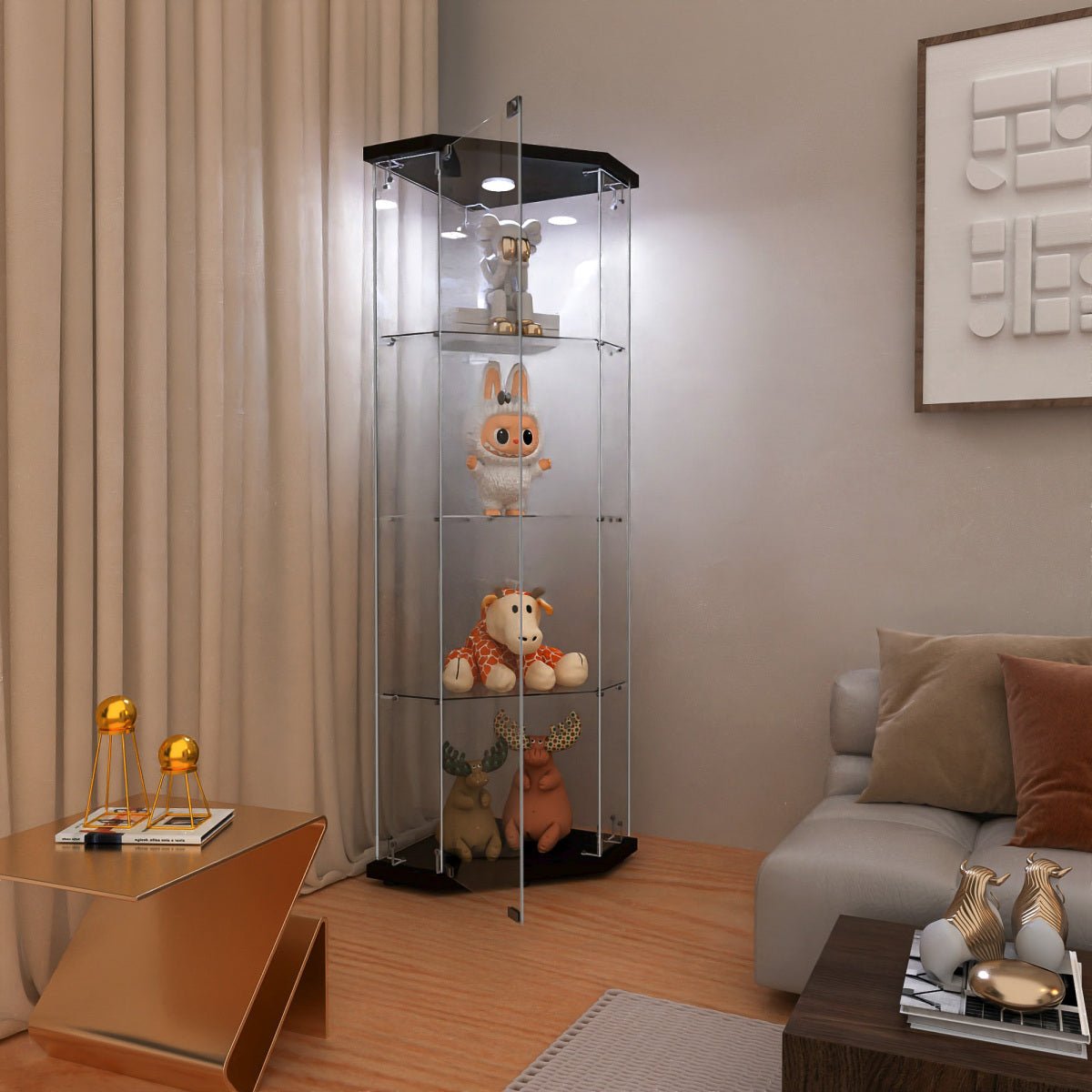 Homestyler Pentagon Glass Display Cabinet (4 Shelves, LED)